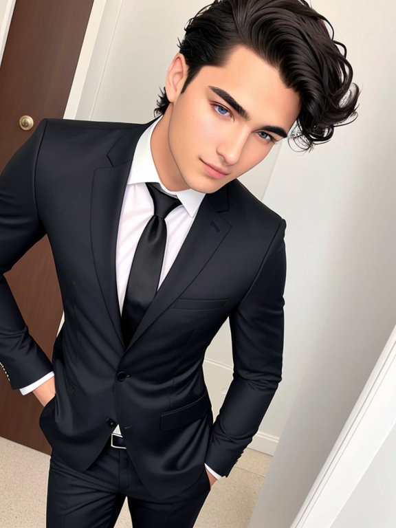 Guy with the appearance of a handsome slim young man with voluminous silver wavy hair, black eyebrows and blue eyes,with beautiful features, I was wearing a white suit with a red tie, wearing a black shirt under the suit, with a long white pants, matching mysuit, and brown shoes