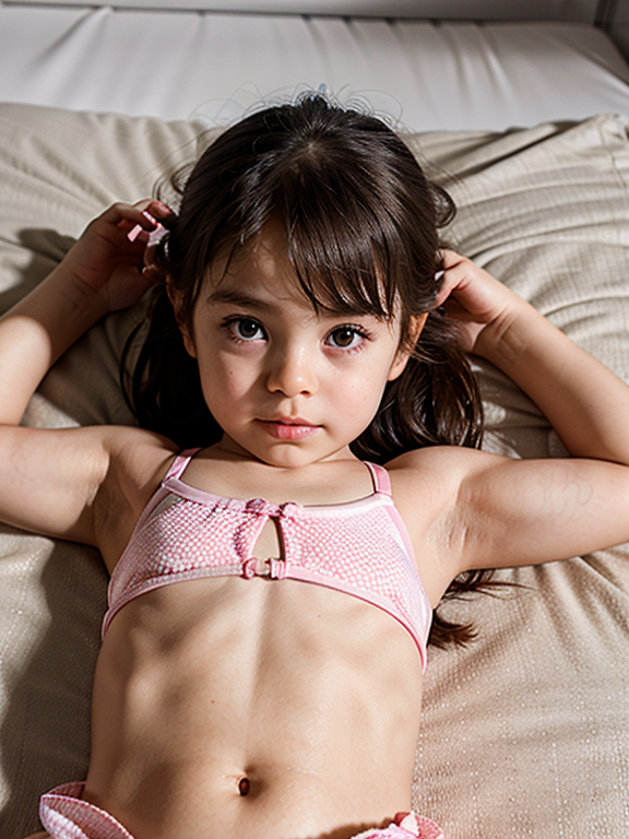 Toddler girl in tight swimsuit, lying down on stomach, loli