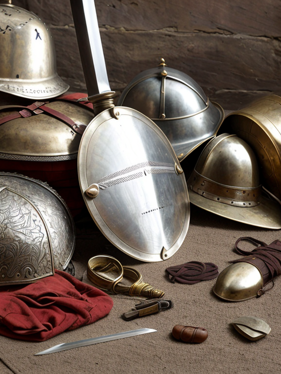  a roman sword, shield, breastplate, helmet, loin cloth and shoes in a pile..