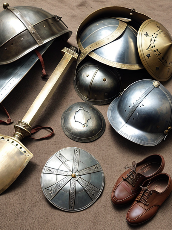 One roman sword, one shield, one breastplate, one helmet, one loin cloth and one pair of shoes in a pile.
