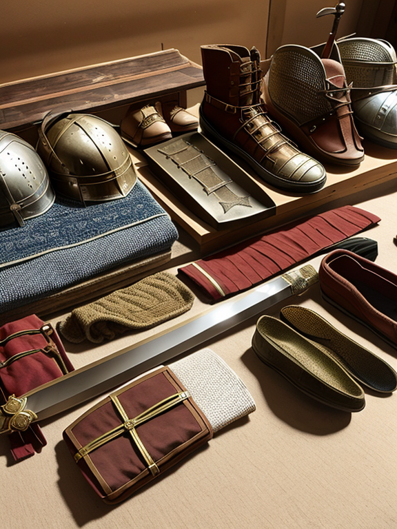 One roman sword, one Roman shield, one Roman breastplate, one Roman helmet, one Roman loin cloth, and one pair of Roman shoes in a pile.