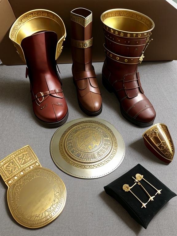 ONE ROMAN SHIELD, ONE ROMAN SWORD, ONE ROMAN HELMET, one roman breast plate, one roman loin cover, two roman boots in a box