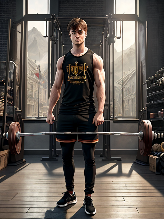 highly detailed rendering of Daniel Radcliffe as Harry Potter doing barbell back squats, dingy workout gym, wearing a muscle tee shirt, muscular deep squats, symmetrical, highly detailed, digital painting, artstation, concept art, smooth, sharp focus, illustration, cinematic lighting, art by artgerm and greg rutkowski and alphonse mucha