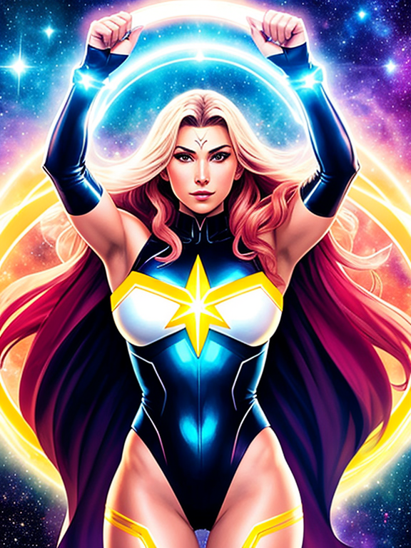 Female Superhero:  Astra Nova is a cosmic champion, embodying the convergence of power and grace that defines her otherworldly existence. With each movement, she radiates an aura of celestial energy, her presence commanding attention and instilling awe in all who witness her. 