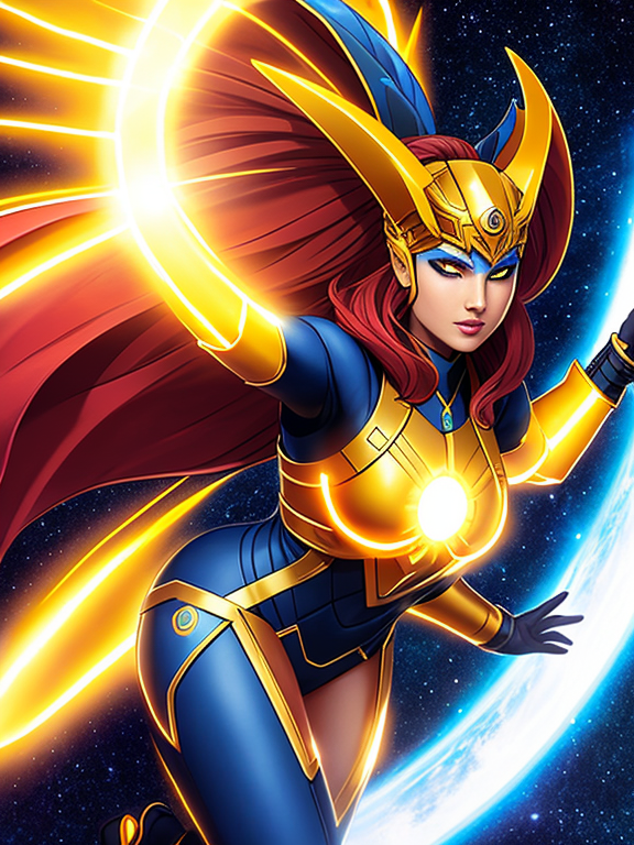 	Solar Sentry 	•	Powers and Abilities: Solar Energy Manipulation, Superhuman Strength and Durability, Flight, Energy Projection, Regenerative Healing, Energy Absorption, Mental Stability 	•	Appearance: Radiates with a golden aura, wearing a sleek costume adorned with solar motifs and cosmic symbols, featuring a radiant golden primary color with cosmic blue and silver accents, and a glowing solar emblem on her chest.