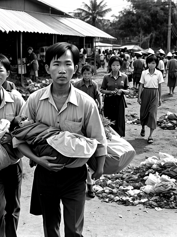 Suddenly, hunger came to this neighborhood at some point.  Families from the Nam Dinh and Thai Binh regions, carrying mats (4) in droves, carried each other, holding each other up like ghosts, and lying scattered throughout the market tent.  Dead people are like straw.  The air was filled with the rotten smell of garbage and the smell of human corpses.