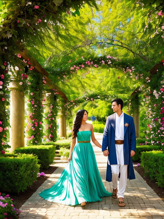 Create a wide-angle image depicting the Garden of Eden, a vast and lush scene of nature. The garden is filled with full, towering trees and big, colorful flowers. The sun is shining through the canopy, casting a warm and enchanting ambiance full of wonder. In the center of the garden, there is a human couple, a man and a woman, who are immortal, beautiful, and eternally young.  The man is tall and muscular with short dark hair and piercing blue eyes, wearing clothes made of natural materials that are loose and flowing, such as a simple, draped tunic or robe that complements his physique. The woman has flowing, long hair that shimmers with hints of gold and sparkling green eyes, dressed in a graceful, flowing dress made of soft, natural fabrics that move gently with the breeze.  The image evokes a sense of everlasting happiness and harmony. The garden is expansive, with hints of golden strokes on the plants, adding a touch of divine beauty. The couple stands together in the center, radiating joy and vitality, symbolizing their eternal youth and immortality. The scene captures the essence of paradise, with nature and humanity in perfect harmony. 