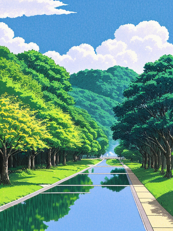 A charming side view, one cozy yellow car driving on road, a long big cherry blossom trees with long branches along the road, the leaves of the trees are dotted small, the grass is big and green, a clear blue lake it is flowing by the road with reflections in it, cool wind is blowing, the cyan sky is covered with cumulus clouds, the atmosphere is rainy and cloudy, illustration by Studio Ghibli with pencil border lines, highly detailed, highly pixelated.