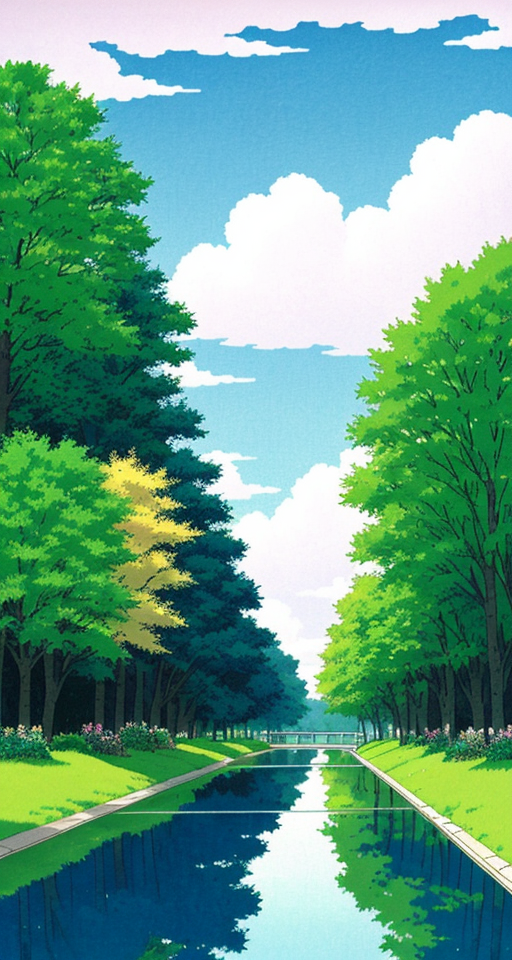 A charming side view, one cozy yellow car driving on road, a long big cherry blossom trees with long branches along the road, the leaves of the trees are dotted small, the grass is big and green, a clear blue lake it is flowing by the road with reflections in it, cool wind is blowing, the cyan sky is covered with cumulus clouds, the atmosphere is rainy and cloudy, illustration by Studio Ghibli with pencil border lines, highly detailed, highly pixelated.