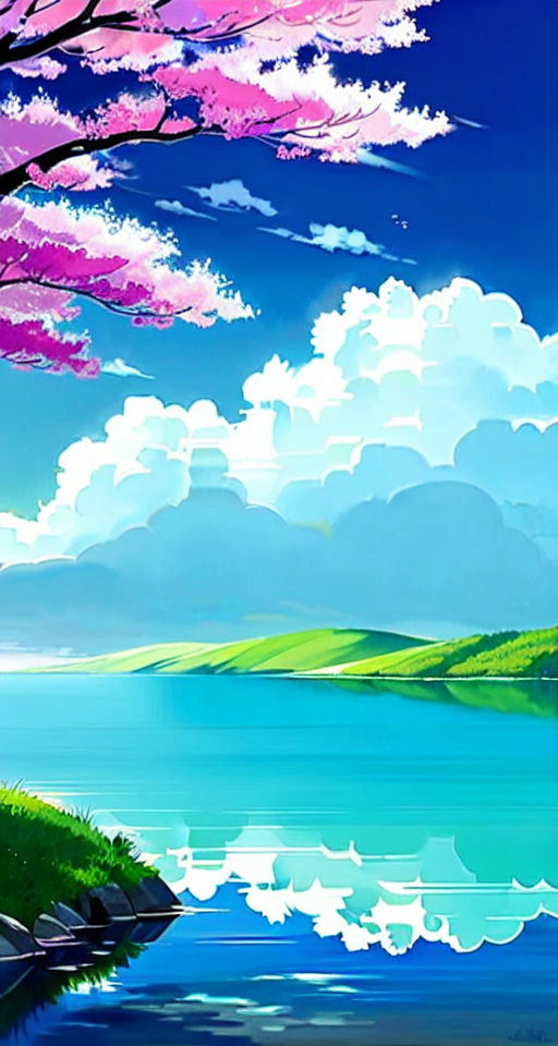 A charming side view, one cozy yellow car driving on road, a long big cherry blossom trees with long branches along the road, the leaves of the trees are dotted small, the grass is big and green, a clear blue lake it is flowing by the road with reflections in it, cool wind is blowing, the cyan sky is covered with cumulus clouds, the atmosphere is rainy and cloudy, illustration by Studio Ghibli, highly detailed.