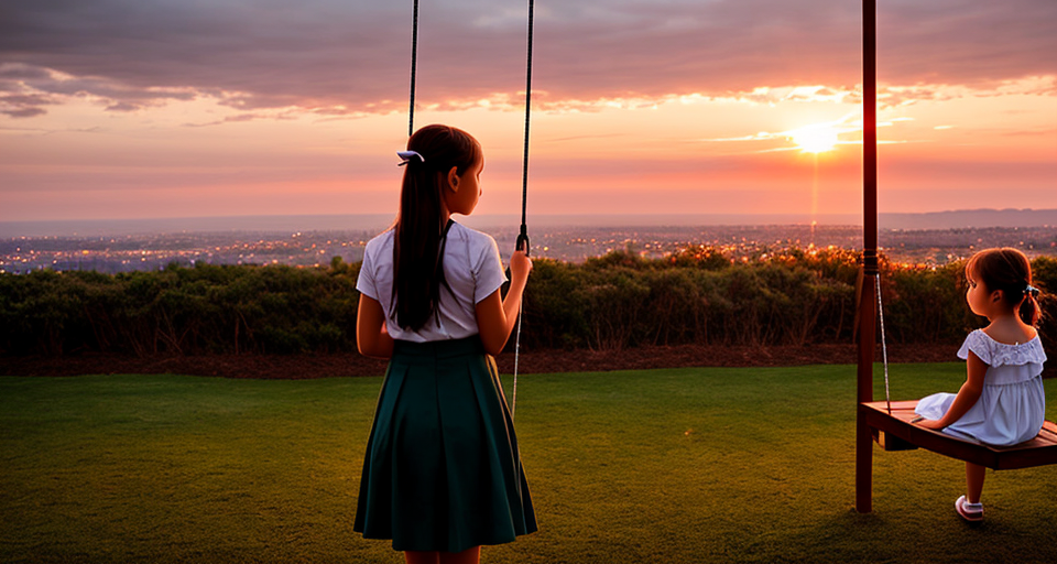 a girl standing beside swing looking at sunset with sparkling and teary eyes