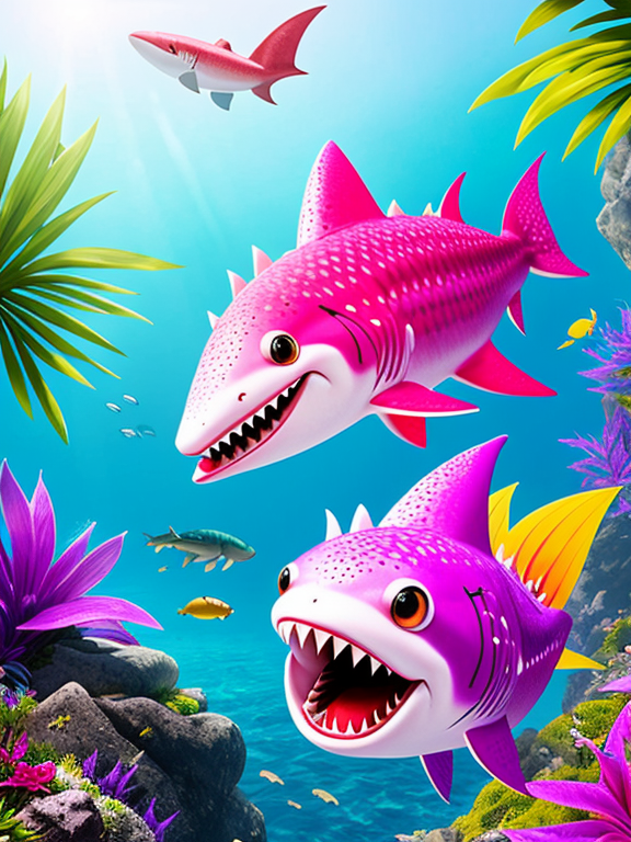  A surreal and whimsical illustration of a dragonfruit transformed into a shark-like creature, roaring with a wide-open mouth, re  vealing its vibrant fruit flesh inside. The dragonfruit shark has playful, sharp teeth and shimmering scales in various hues of pink and purple. It is perched on a rocky outcrop, surrounded by tropical foliage, with a serene beach and ocean in the background.  