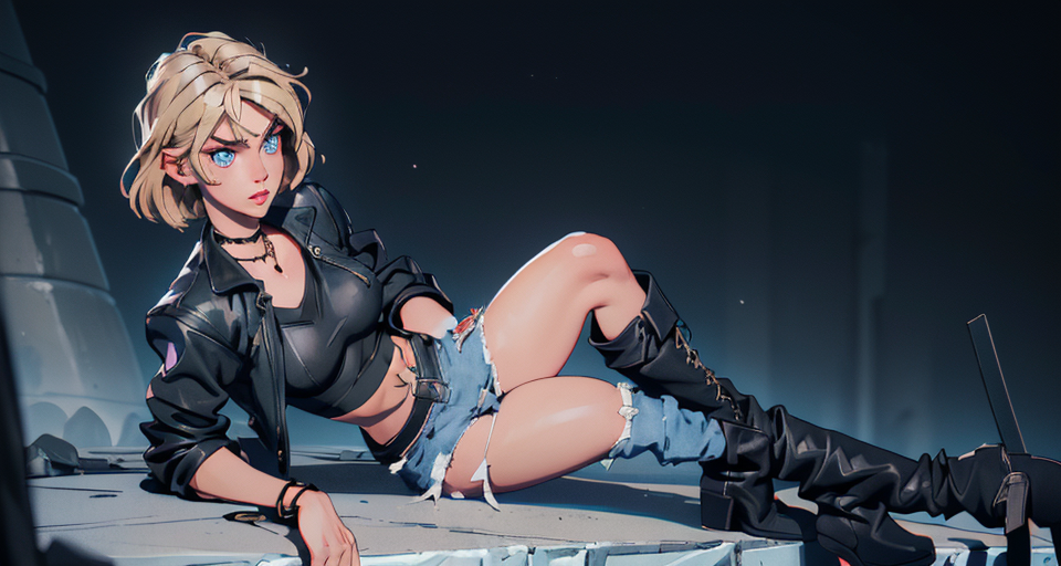 Aya Brea, outfit, black leather top that is tied round the front. Torn blue jeans along with buckled black boots that come just under her knees. The outfit includes a black belt, a bracelet and a silver name tag necklace, woman, blonde hair, short hair, blue eyes, big breasts, slim body.