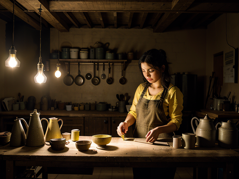 A workshop, a large table filling the screen, a girl making clay jugs on it, light from yellow light bulbs, with a dark background of the workshop, all modern.  