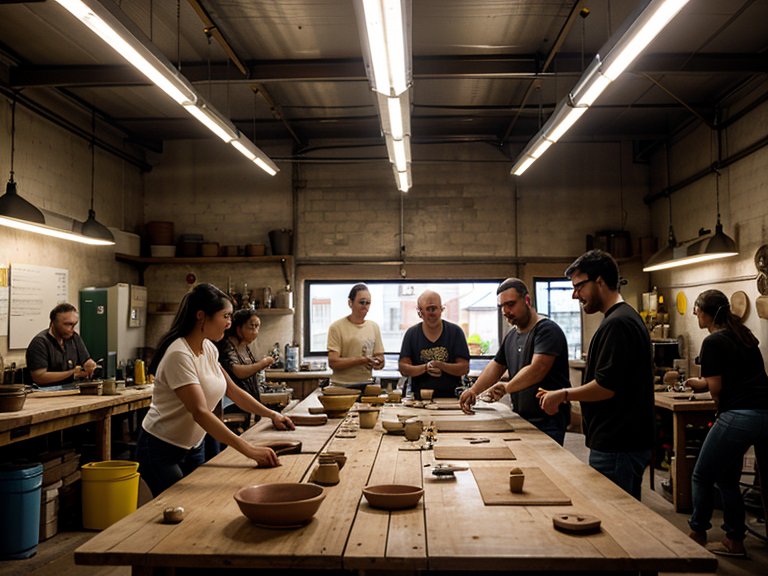 A workshop, a large table covering the entire screen, people making clay pitchers on it and smiling, yellow light from overhead light bulbs, a dark background of the workshop behind, all in a modern style   