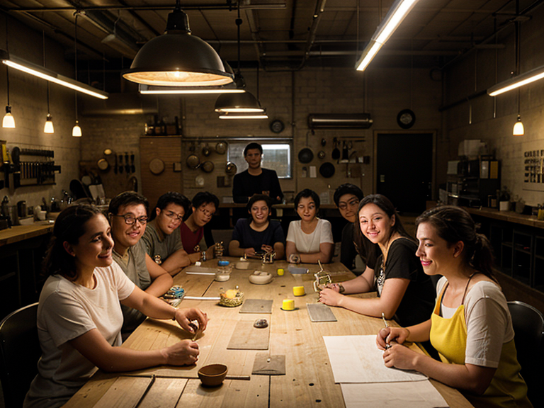 A workshop, a large table covering the entire screen, people making clay pitchers on it and smiling, yellow light from overhead light bulbs, a dark background of the workshop behind, all in a modern style   