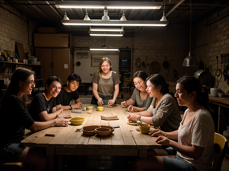 A workshop, a large table covering the entire screen, people making clay pitchers on it and smiling, yellow light from overhead light bulbs, a dark background of the workshop behind   