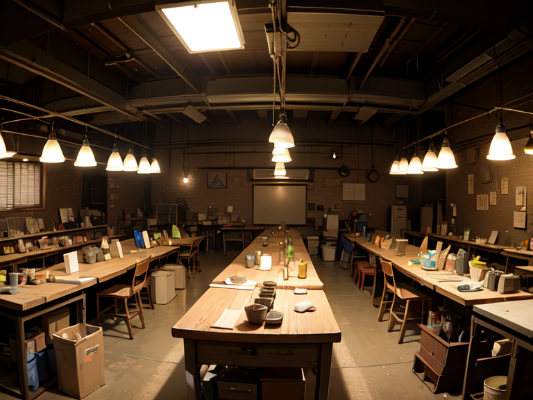 A workshop, a large table covering the entire screen, making clay pitchers on it, yellow light from overhead light bulbs, a dark background of the workshop behind, all in a modern style   