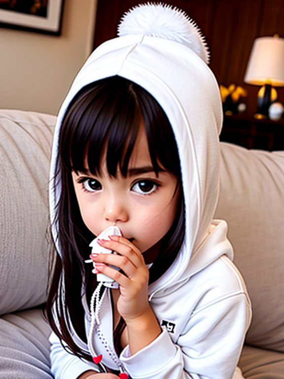 girl white hoodie, pacifier in mouth, on couch, boobs exposed, chest