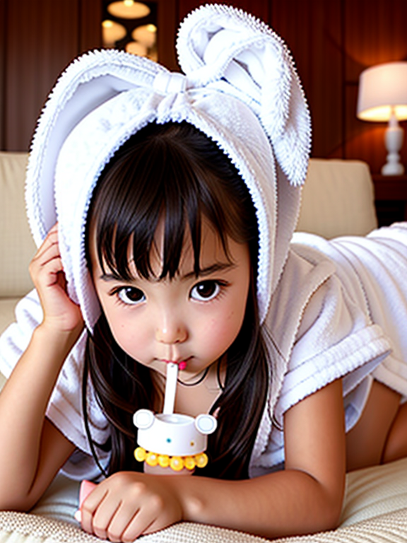 girl white mini bathrobe with pacifier in mouth, on couch, feet in the air, legs showing, 