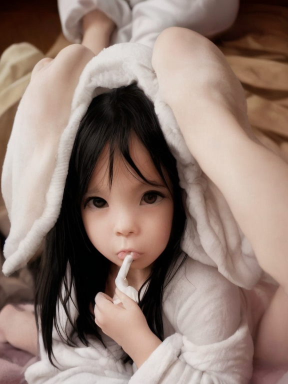 girl white mini bathrobe with pacifier in mouth, on couch, feet in the air, legs showing, 