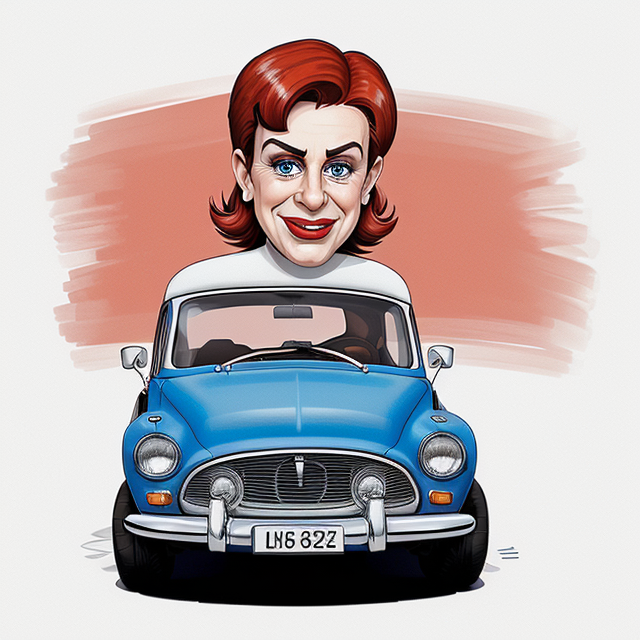 The image shows an old car, painted in a striking shade of blue with red and orange details. It has a classic design with rounded edges and a large grille that adds to its nostalgic charm. The car is equipped with white wall tires, which are a distinctive feature of this model. The background is neutral, allowing the car to be the focal point of the image., smiling, white background, sharp focus, (caricature:1.4), drawing