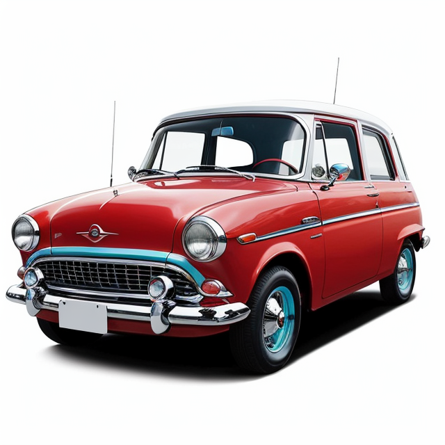 The image shows an old car, painted in a striking shade of blue with red and orange details. It has a classic design with rounded edges and a large grille that adds to its nostalgic charm. The car is equipped with white wall tires, which are a distinctive feature of this model. The background is neutral, allowing the car to be the focal point of the image., nice art, well hand-drawn art, colorful, Small body, Cute animal, Cute clothing, Full body, Cute Eyes, Cute expressions, Watercolor style, Storybook style, Character Design, Illustrator, Digital watercolor, White background, Cartoon style, Kawaii, white background, one single character, pokemon style