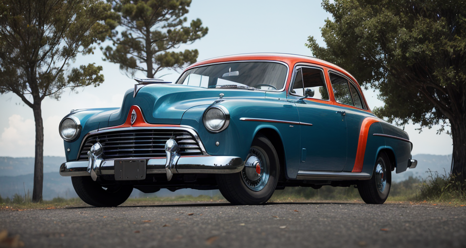 The image shows a vintage car from 1950, painted in a striking shade of blue with red and orange accents. It has a classic design with rounded edges and a large grille that adds to its nostalgic charm. The car is equipped with white wall tires, which are a distinctive feature of this model. The background is future-neutral, allowing the car to be the focal point of the future image., shoulder pads made from intricate wood carvings, stalking cape, hood, winds howl in the trees, natures wrath, r1ge, aztec warrior queen , aztec warrior style, Cyperpunk, wearing Aztec accessories
