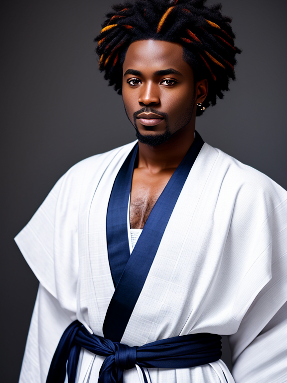 gorgeous dark black Ghanaian man white and navy wearing kente toga robe, silver and navy, royalty, with white background, sideways to the camera, 4K-UHD quality