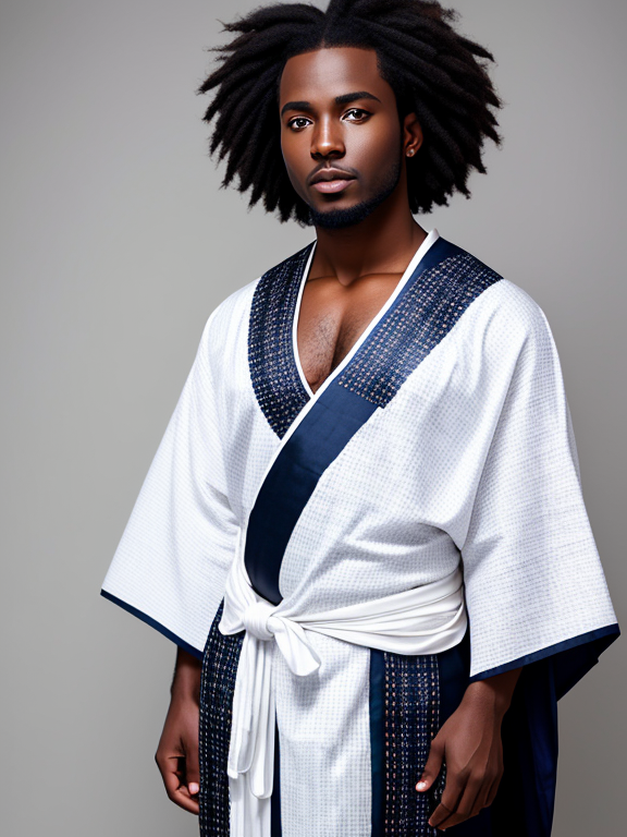 gorgeous dark black Ghanaian man white and navy wearing kente toga robe, silver and navy, royalty, with white background, sideways to the camera, 4K-UHD quality
