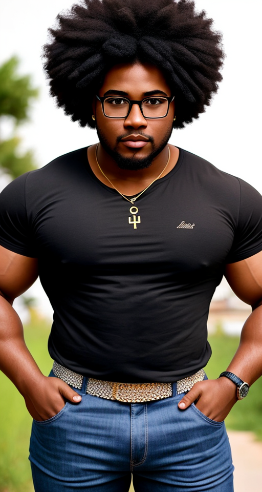Muscular Black guy with a short curly afro, square glasses, and a slightly chubby face. 6 feet tall