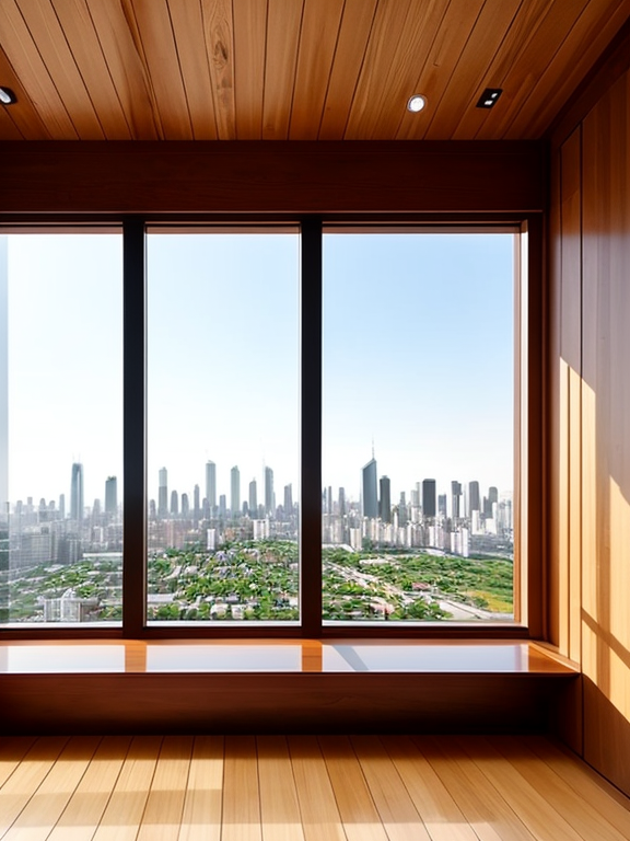  A serene Zen tea room with stunning views of the city skyline. The tea room is decorated in a minimalist style with natural materials such as wood and stone. There is a single large window that offers panoramic views of the city.