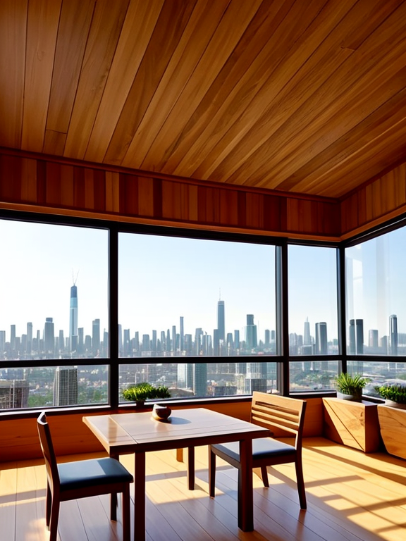  A serene Zen tea room with stunning views of the city skyline. The tea room is decorated in a minimalist style with natural materials such as wood and stone. There is a single large window that offers panoramic views of the city.