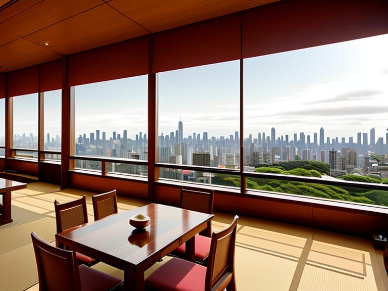 A serene Zen tea room with stunning views of the city skyline. The tea room is decorated in JAPANESE style with natural materials such as wood and stone. There are four large windows and a mobile curtain system for panoramic views of the city.