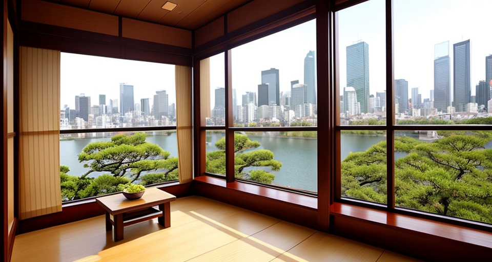 A serene Zen tea room with stunning views of the city skyline. The tea room is decorated in JAPANESE style with natural materials such as wood and stone. There are four large windows and a mobile curtain system for panoramic views of the city.