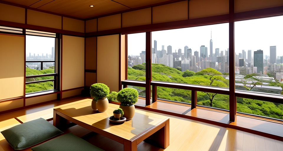A serene Zen tea room with stunning views of the city skyline. The tea room is decorated in JAPANESE style with natural materials such as wood and stone. There are four large windows and a mobile curtain system for panoramic views of the city. The interior space has small bonsai pots and a koi fish tank system running around the tea table area.