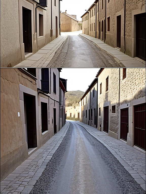 difference between roads then and now. Miedieval street with a lot of bumps and dirt changing into a road of Asphalt