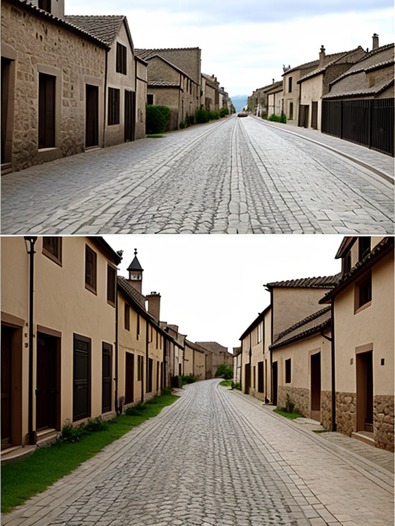 difference between roads then and now. Miedieval street with a lot of bumps and dirt changing into a road of Asphalt