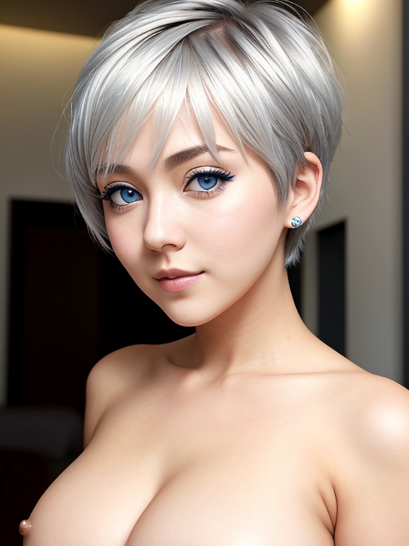 Uzaki Hana, short silver hair, big blue eyes, big breasts, nude, Pixie cut hair style