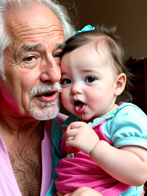 Old Man puts finger in Baby toddler girl stick out tongue for camera