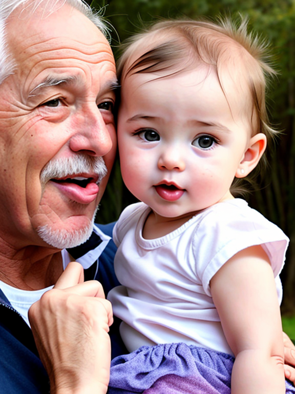 Old Man puts finger in mouth of Baby toddler girl stick out tongue for camera