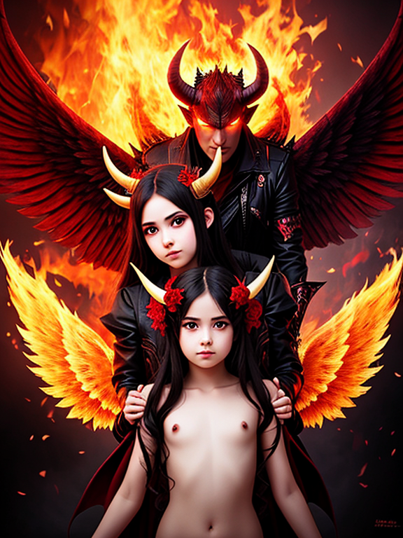 A devil with horns and wings holding a demon girl with flames behind