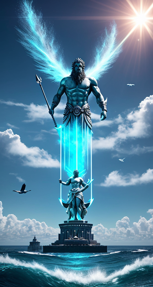  Poseidon god is standing over the sea, he is fighting with his god trident with the big surft and  birds around in different pose surrounded by light , wearing  alantics god uniforms. Many sea around him. The background is futuristic buildings in the movie style, rendered in a photorealistic manner. –ar 3:4, cinema 4k