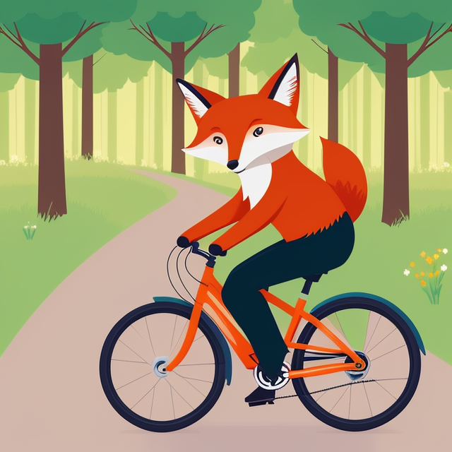 There is a cute fox pushing a bicycle in the forest, wearing a tourist hat and cycling clothes, ((Subject)), Centered, digital inllustration, Soft color palette, simple, Vector illustration, Flat illustration, illustration, Trending on Artstation, Popular on Dribbble