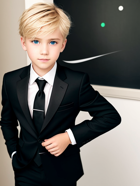 A boy with blonde hair, emerald eyes and a black suit on