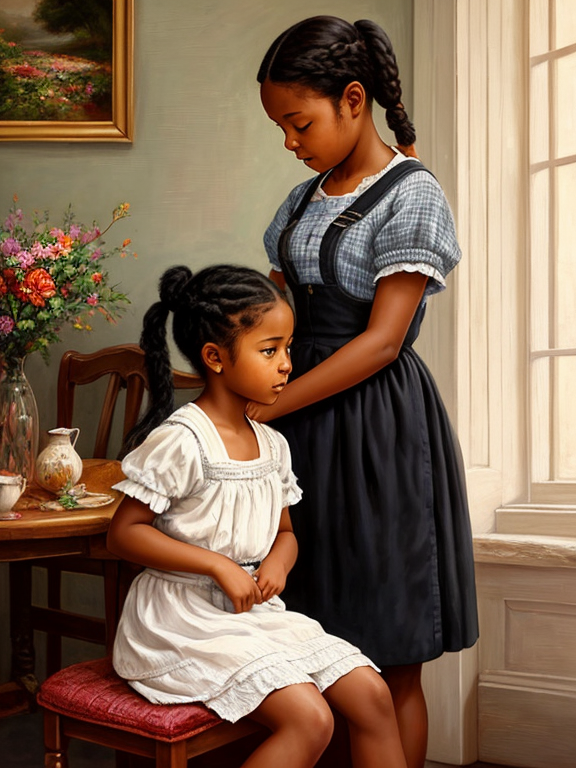 Realistic oil painting of a grimacing young black girl with pigtailed hair, getting spanked by stern grandmother, inspired by the works of Frances Tipton Hunter. scene is set in a tidy sitting room with a broken vase on the floor, . The lighting is warm and soft, giving a sense of nostalgia and innocence to the piece. This highly detailed painting captures the emotions and dynamics of old fashioned discipline in a realistic yet heart warming way.
