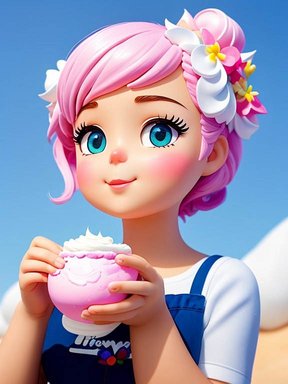  A close-up of a cute pixar style 3dwith the theme of MARENGEH SEGH a cute girl girl with bright, determined eyes and a mischievous glint. Sunlight glints off the giant meringue cookie she holds aloft like a painter's palette. The cookie, adorned with swirls of colorful whipped cream and tiny edible flowers, resembles a canvas for a whimsical masterpiece. Her cheeks are puffed out in concentration as she dips a finger into the whipped cream, her brow furrowed in playful focus. Her eyes sparkle with the creativity of a true artist, ready to transform the meringue into a delicious work of art.