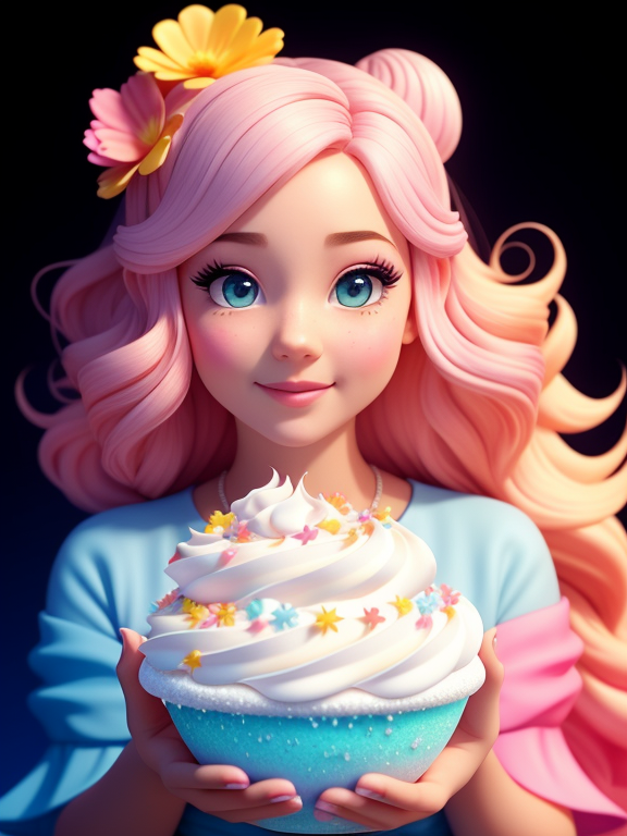Pixar style, 3d style, Disney style, 8k, Beautiful,  A close-up of a cute pixar style 3dwith the theme of MARENGEH SEGH a cute girl girl with bright, determined eyes and a mischievous glint. Sunlight glints off the giant meringue cookie she holds aloft like a painter's palette. The cookie, adorned with swirls of colorful whipped cream and tiny edible flowers, resembles a canvas for a whimsical masterpiece. Her cheeks are puffed out in concentration as she dips a finger into the whipped cream, her brow furrowed in playful focus. Her eyes sparkle with the creativity of a true artist, ready to transform the meringue into a delicious work of art., 3D style rendered in 8k using, disney movie effect