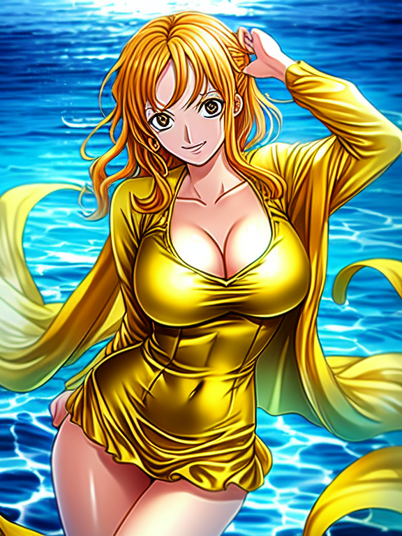 nami one piece in golden dress with big chest