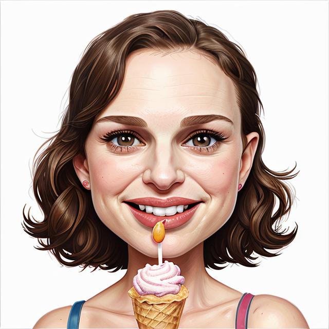 natalie portman whit an ice cream in an hand in a WOW face, smiling, white background, sharp focus, (caricature:1.4), drawing